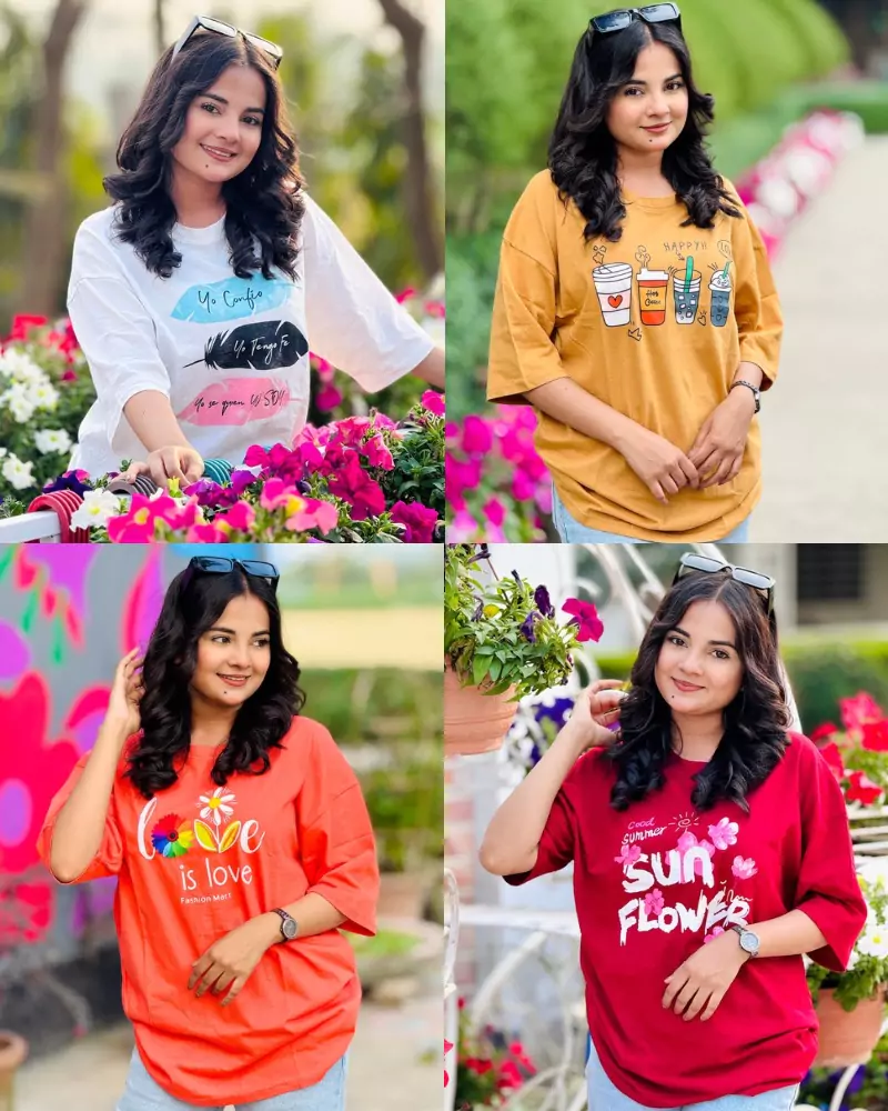 ৪ পিস টি-শার্ট কম্বো মাএ ৯৯৯ টাকা (Leaf off white/Love Coral/Sunflower merun/Happy Love Biskut)