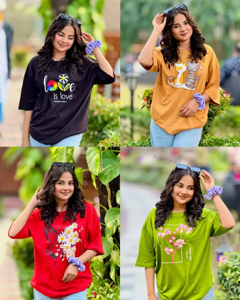 ৪ পিস টি-শার্ট কম্বো মাএ ৯৯৯ টাকা (Love black/Twin Cat Biskut/Butterfly Red/Cheery tree Olive)