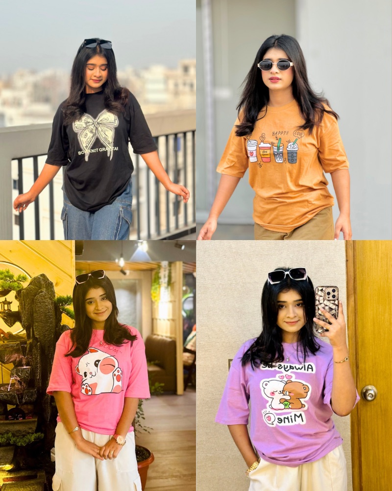 ৪ পিস টি-শার্ট কম্বো মাএ ৯৯৯ টাকা (Dollar Black/Happy Love Beige/Boom Pink/Always Purple)