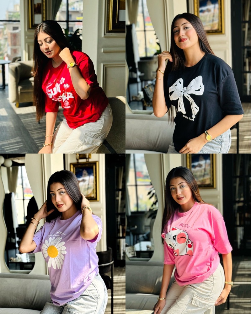 ৪ পিস টি-শার্ট কম্বো মাএ ৯৯৯ টাকা (Boom Pink/Bow Black/Sunflower Merun/Flower Purple)