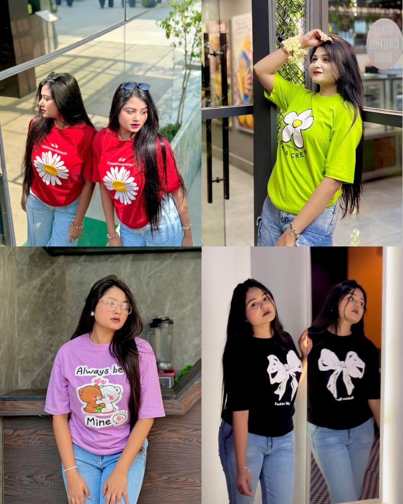 ৪ পিস টি-শার্ট কম্বো মাএ ৯৯৯ টাকা (Flower Red/Bow Black/Nana Crew Neon/Always Purple)