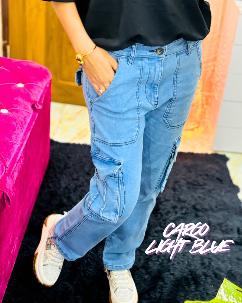 Ladies Cargo Denim Pant (Light Blue)