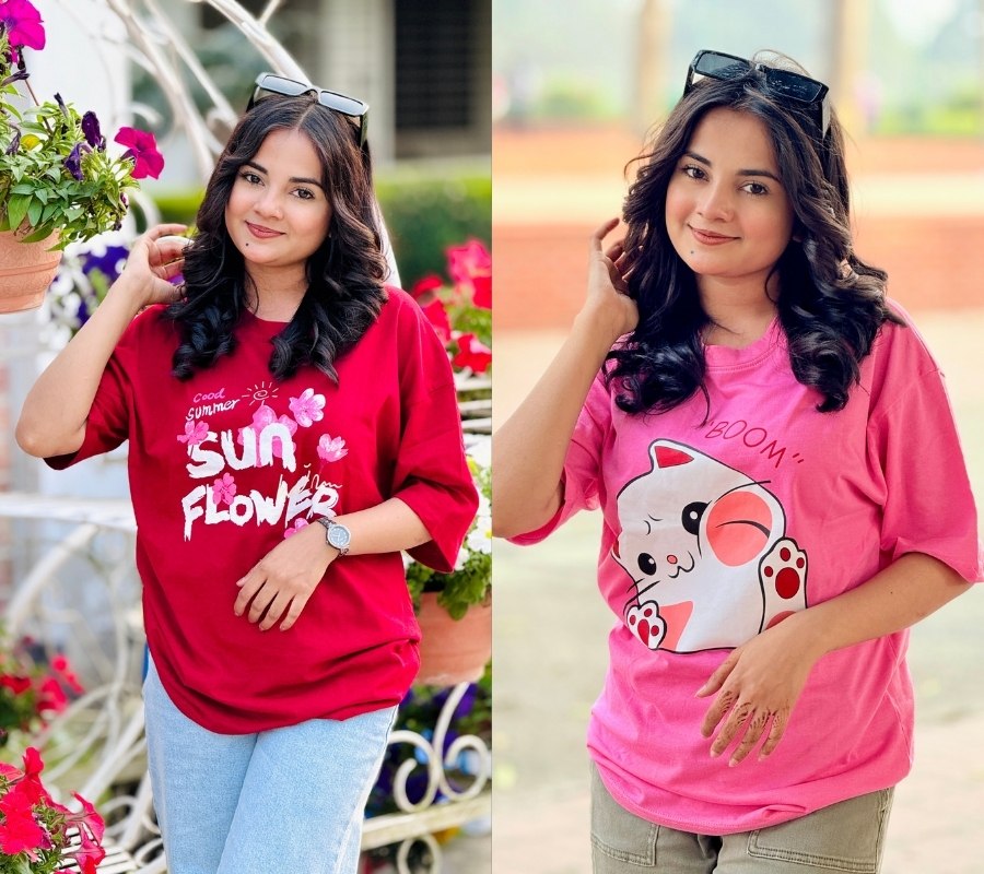 ২ পিস টি-শার্ট কম্বো মাএ ৫৩০ টাকা (Sunflower merun/BOOM Pink)