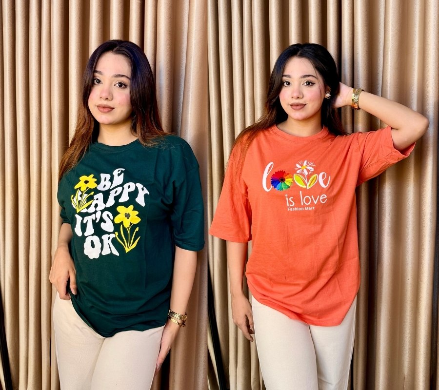২ পিস টি-শার্ট কম্বো মাএ ৫৩০ টাকা (Be Happy Green/Love Coral)