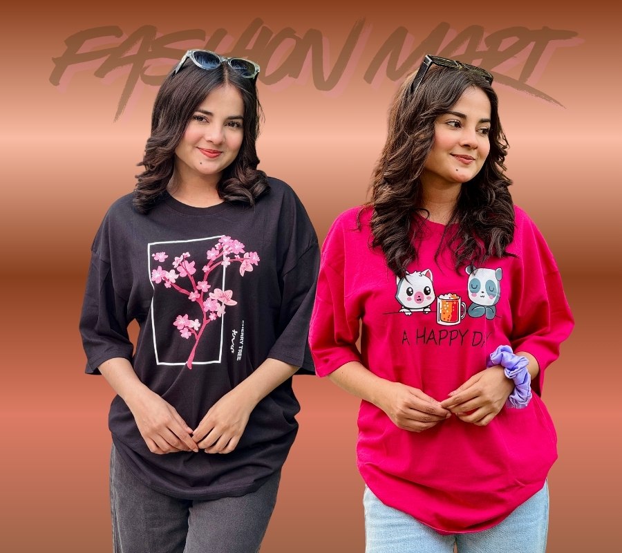 ২ পিস টি-শার্ট কম্বো মাএ ৫৩০ টাকা (Cheery Tree Black/A Happy Day Megenta)