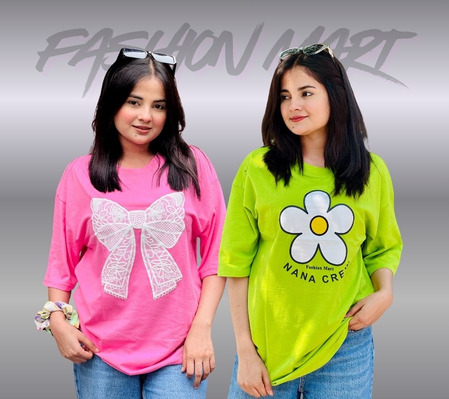 ২ পিস টি-শার্ট কম্বো মাএ ৫৩০ টাকা (Bow Pink/Nana Crew Neon)