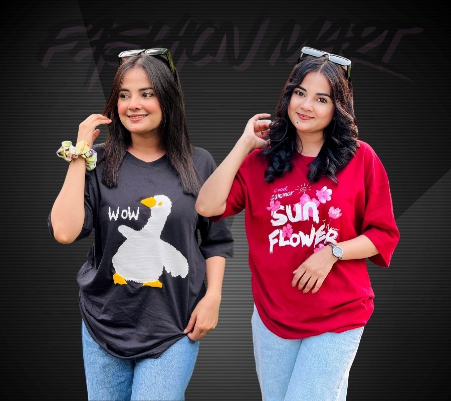 ২ পিস টি-শার্ট কম্বো মাএ ৫৩০ টাকা (WOW Black/Sunflower Merun)