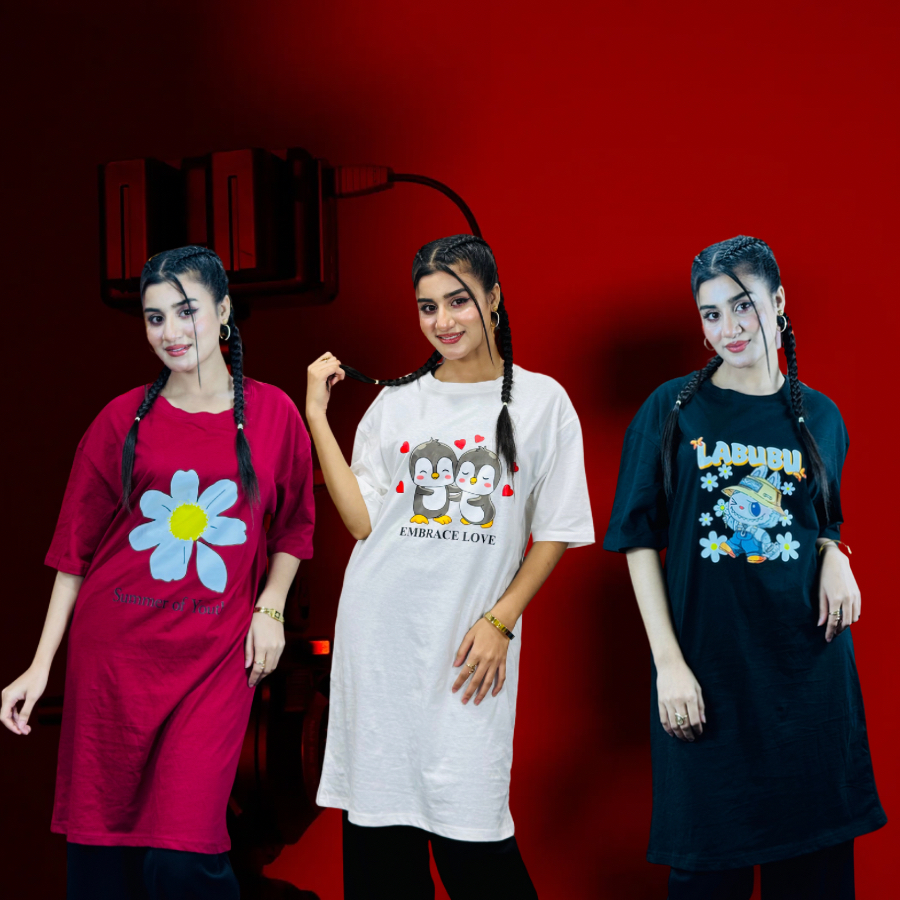 ৩ পিস লেডিস লং টি-শার্ট কম্বো ৯৯৯ টাকা (Summer of youth Merun/Embrance Love White/LABUBU black)