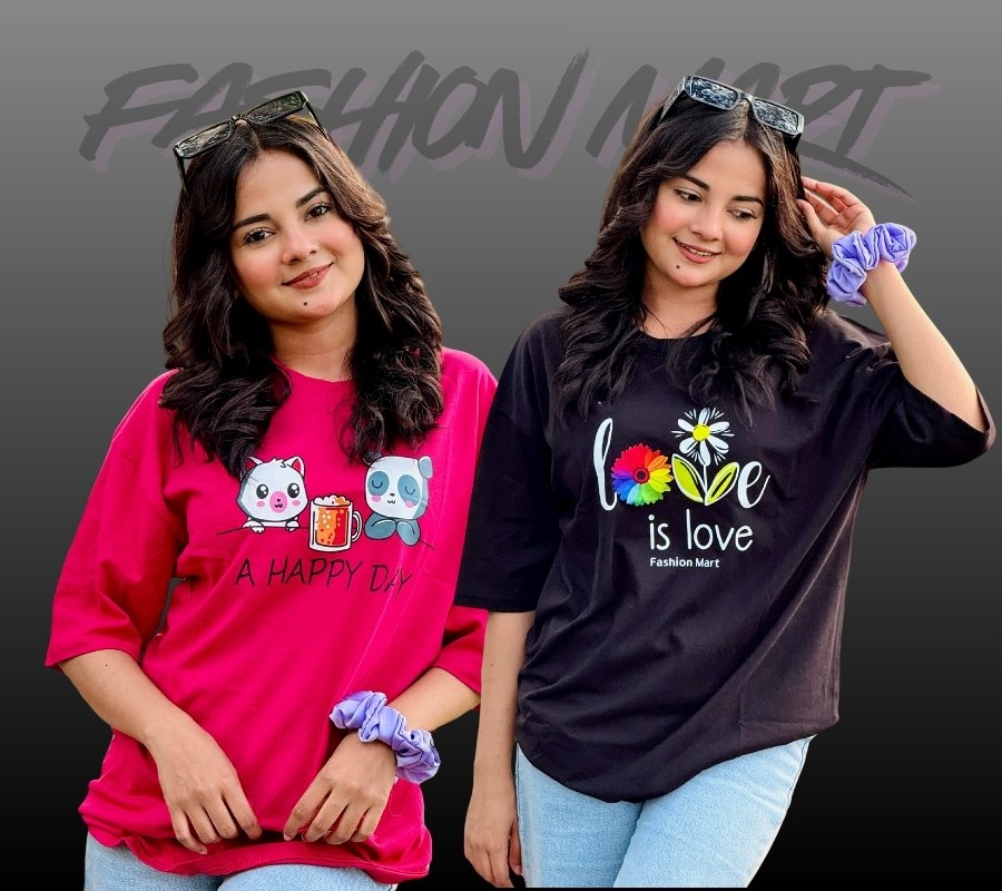 ২ পিস টি-শার্ট কম্বো মাএ ৫৩০ টাকা (A Happy Day Megenta/Love Black)