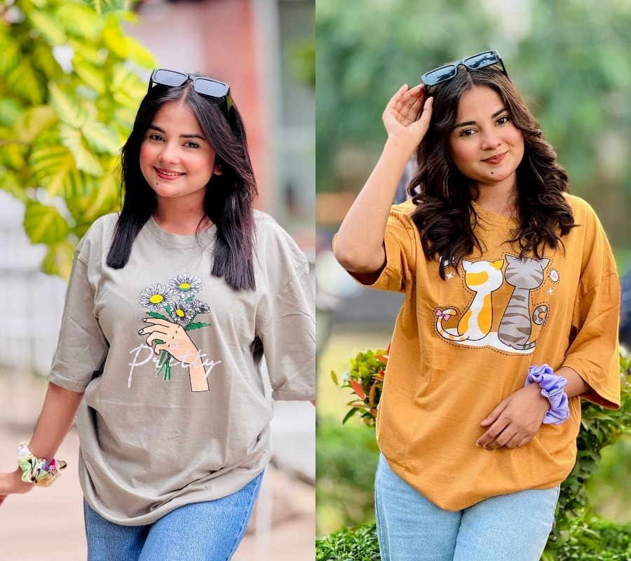 ২ পিস টি-শার্ট কম্বো মাএ ৫৩০ টাকা (Preety Stone Green/Twin cat beige)