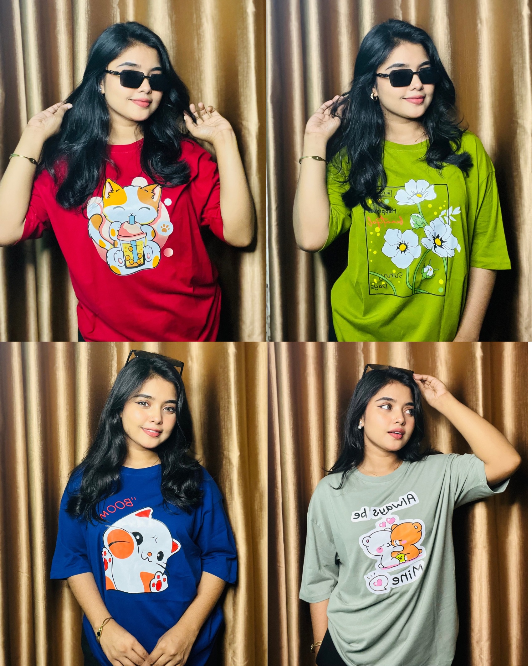 ৪ পিস টি-শার্ট কম্বো মাএ ৯৯৯ টাকা (Sunny days Olive/Drinking cat merun/Boom Royel/Always Stone green)