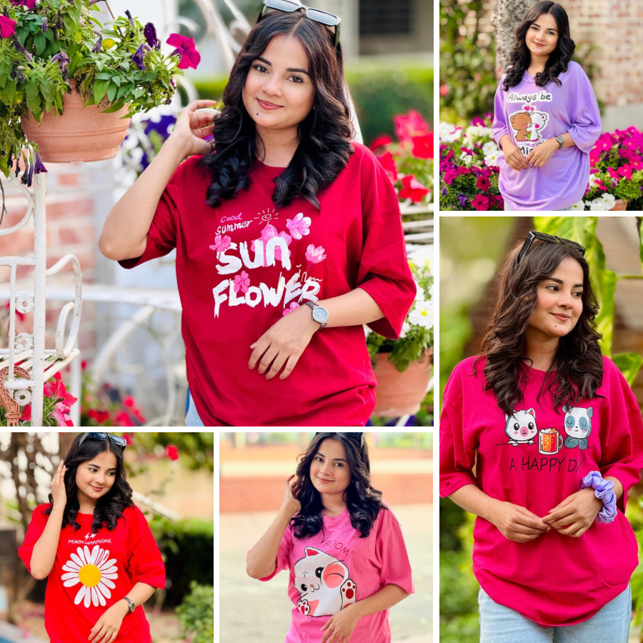 ৫ পিস টি-শার্ট কম্বো মাএ ৯৯৯ টাকা (Boom Pink/Always Purple/Sunflower Merun/A happy day megenta/Flower Red)