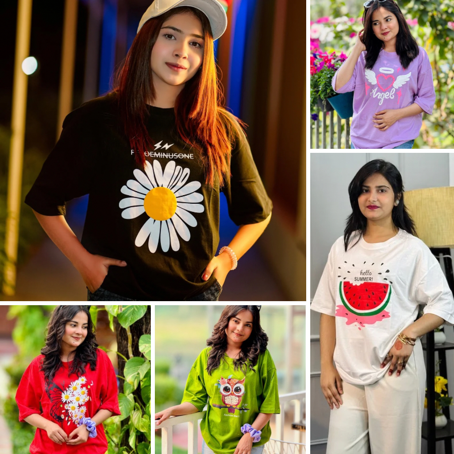 ৫ পিস টি-শার্ট কম্বো মাএ ৯৯৯ টাকা (Flower Black/Angel Purple/Watermelon white/Daisy Butterfly Red/OWL Olive)