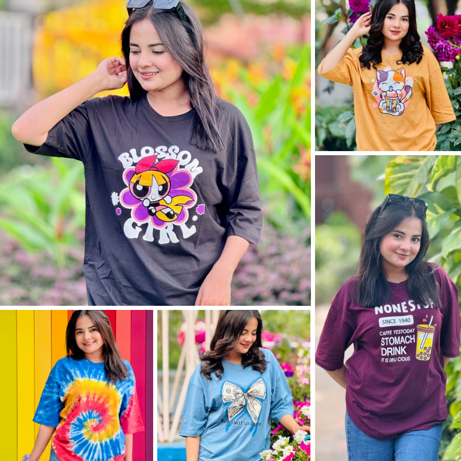 ৫ পিস টি-শার্ট কম্বো মাএ ৯৯৯ টাকা (Blossom Black/Drinking Cat Beige/Nonstop Cofy/Dollar Light Blue/Batik Blue)