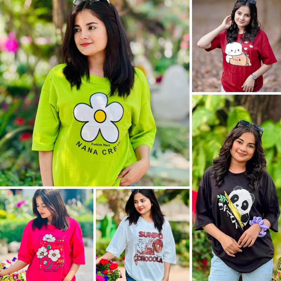 ৫ পিস টি-শার্ট কম্বো মাএ ৯৯৯ টাকা (Nana Crew Neon/Teddy Merun/Sunny Days Megenta/Sunpo off white/Panda Black)