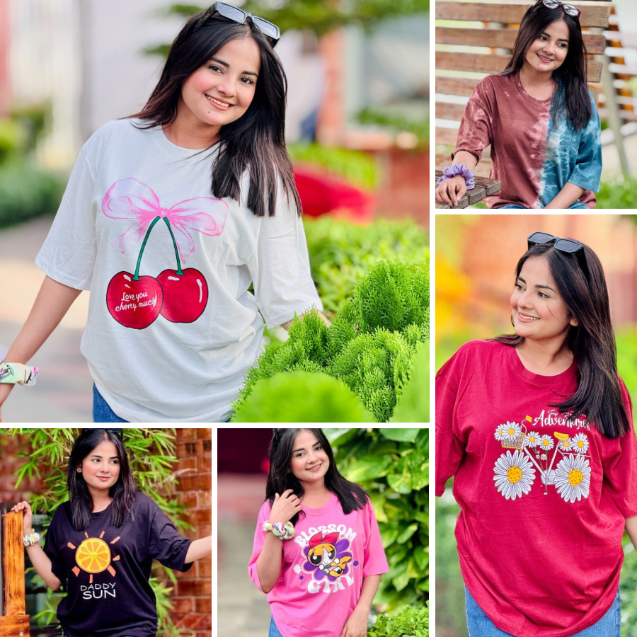 ৫ পিস টি-শার্ট কম্বো মাএ ৯৯৯ টাকা (Love you cheery white/Batik brown/Adventure Merun/Blossom pink/Daddy sun Black)