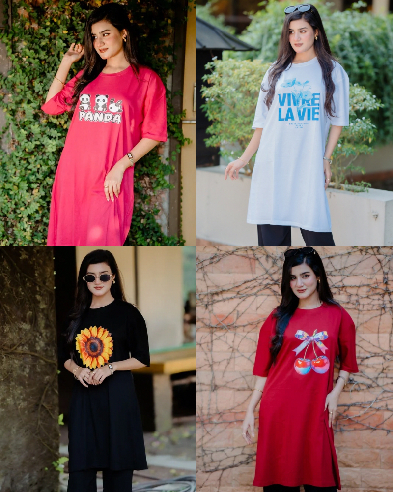 ৪ পিস লেডিস লং টি-শার্ট কম্বো ১১৯৯ টাকা (PANDA Megenta/VIVRE LAVIE White/Cheery Merun/New Sunflower Black)