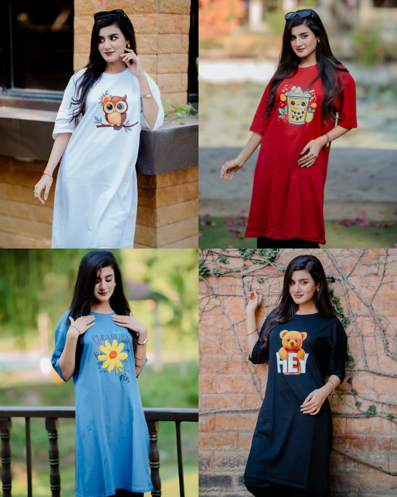 ৪ পিস লেডিস লং টি-শার্ট কম্বো ১১৯৯ টাকা (OWL White/Fruit drink Merun/Pleasure Light Blue/HEY Black)