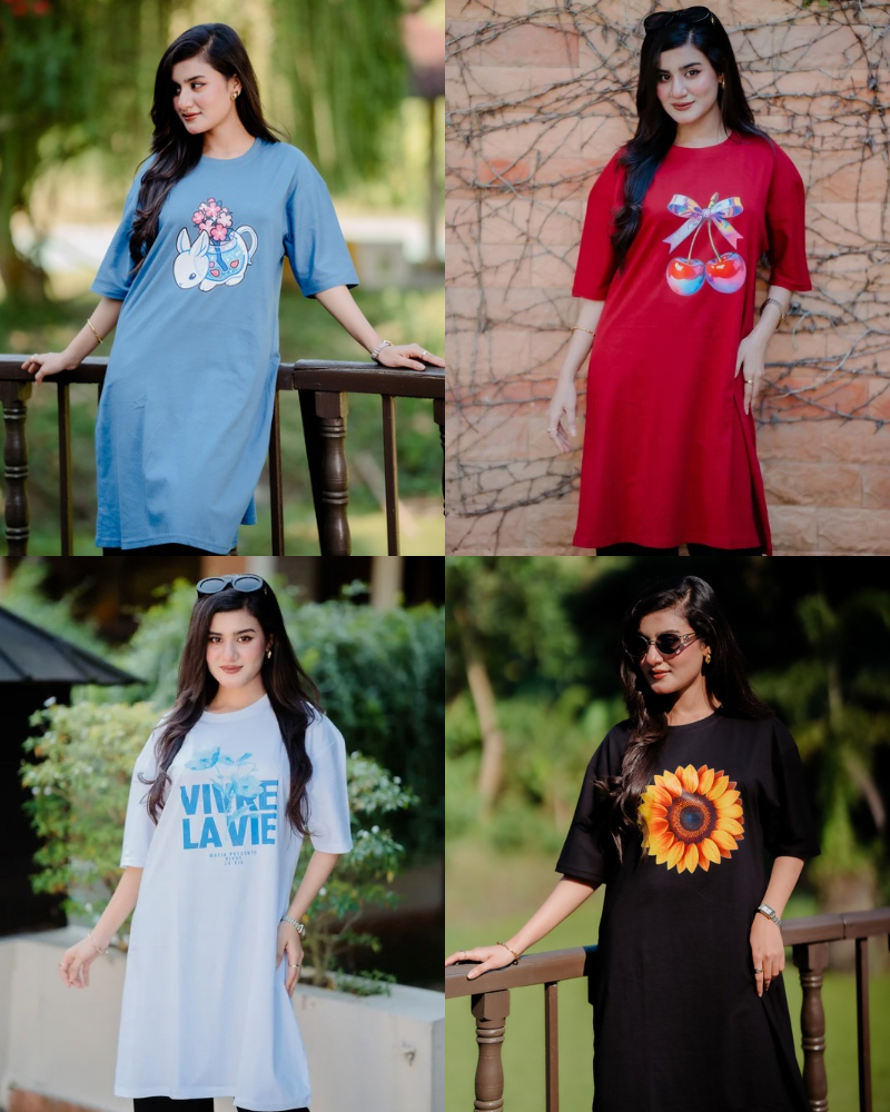 ৪ পিস লেডিস লং টি-শার্ট কম্বো ১১৯৯ টাকা (Rabbit Light Blue/Cheery Merun/VIVRE LAVIE White/New Sunflower Black)