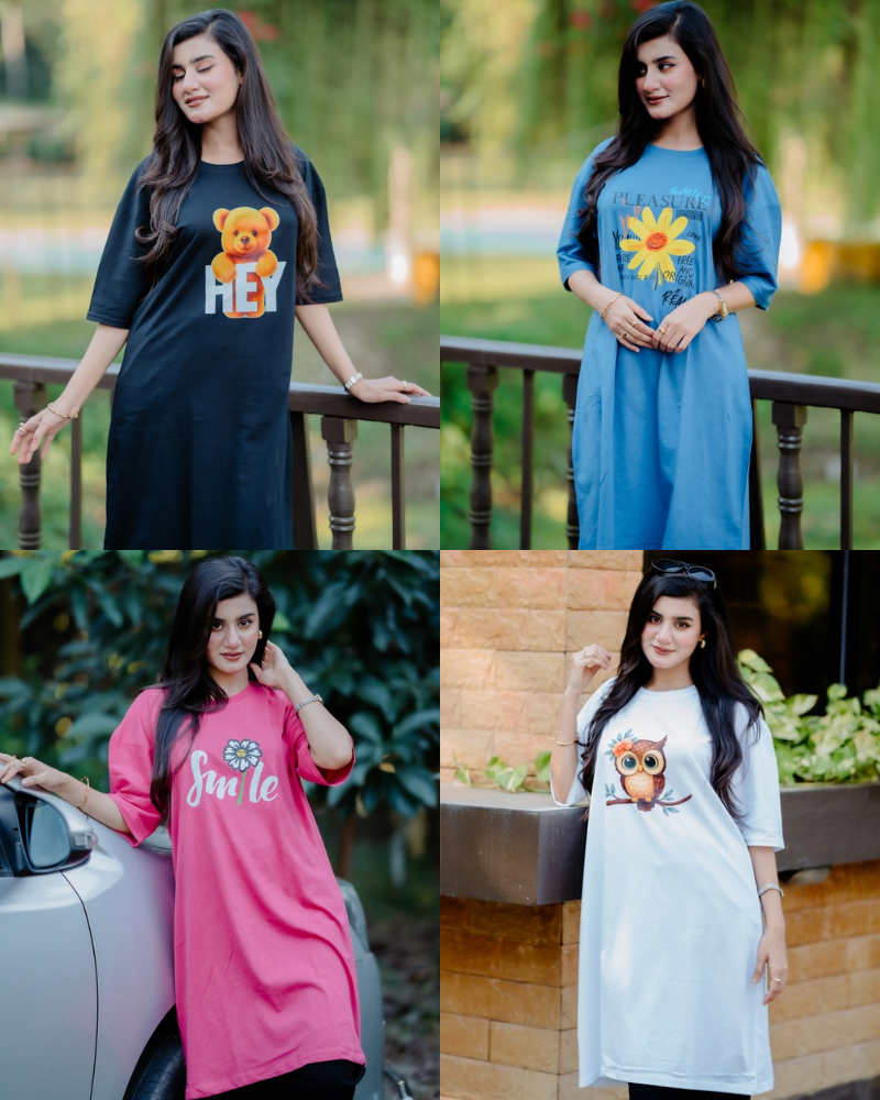 ৪ পিস লেডিস লং টি-শার্ট কম্বো ১১৯৯ টাকা (Smile Megenta/Pleasure Light Blue/OWL White/HEY Black)