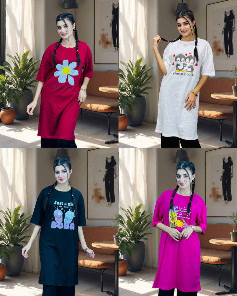 ৪ পিস লেডিস লং টি-শার্ট কম্বো ১১৯৯ টাকা (Summer of youth Merun/Embrance Love white/BOBA drink Black/Orange Juice Megenta)