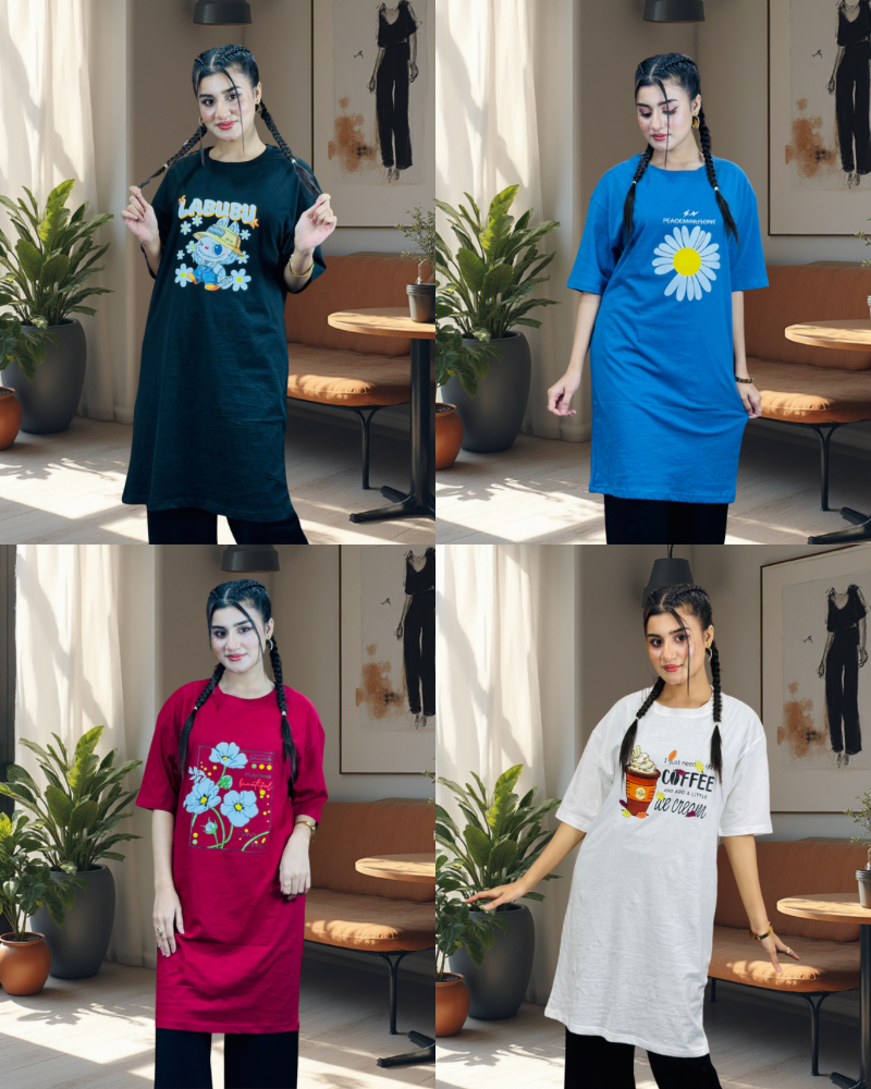 ৪ পিস লেডিস লং টি-শার্ট কম্বো ১১৯৯ টাকা (Labubu Black/Flower Light Blue/Sunny Days Merun/Coffee White)