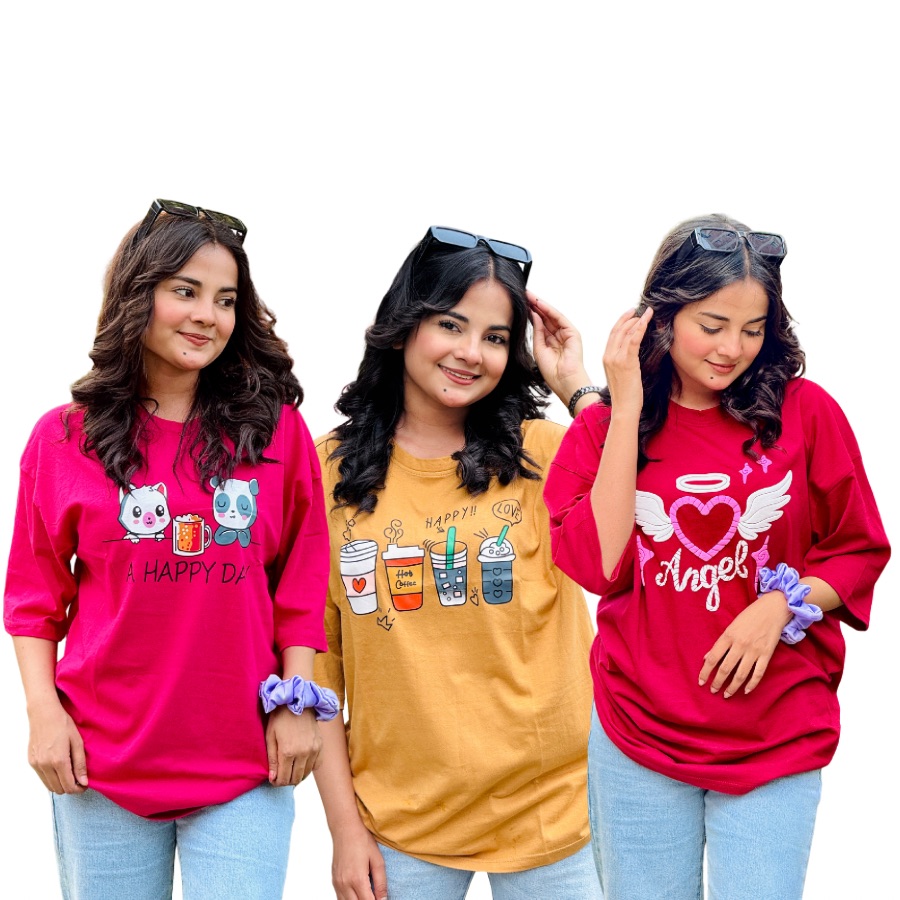 ৩ পিস টি-শার্ট কম্বো মাএ ৭৯৯৳ (Angel Merun/Happy Love Beige/A Happy Day Megenta)