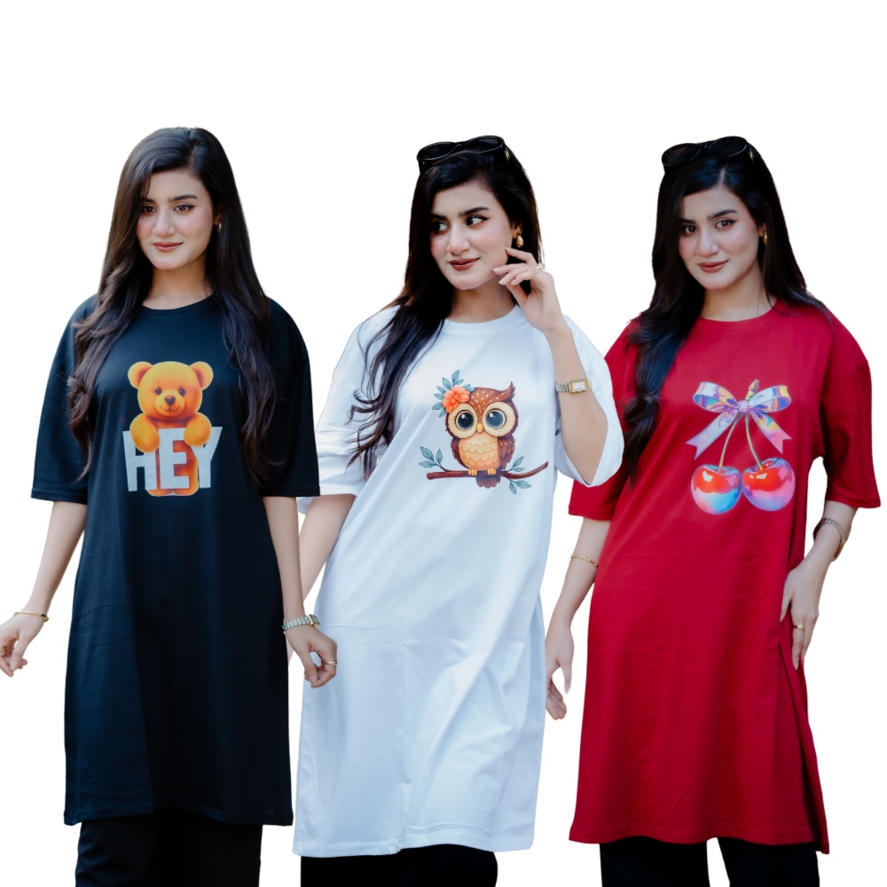 ৩ পিস লেডিস লং টি-শার্ট কম্বো ৯৯৯ টাকা (HEY Black/OWL White/Cheery Merun)