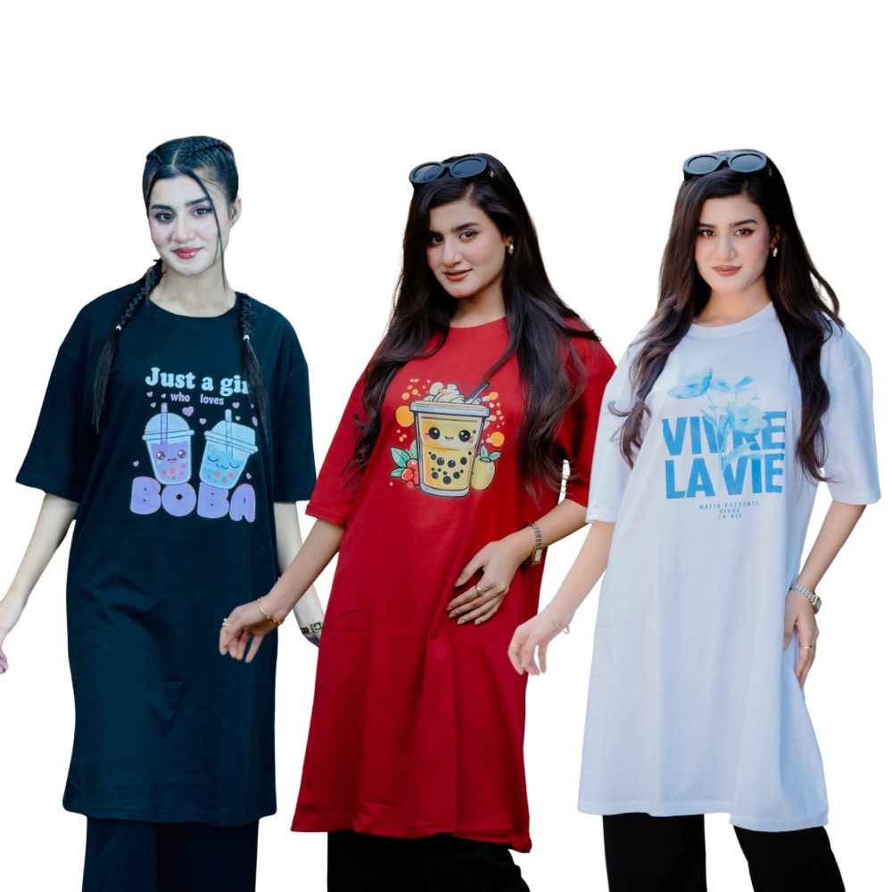 ৩ পিস লেডিস লং টি-শার্ট কম্বো ৯৯৯ টাকা (Boba Black/Fruit Drink Merun/VIVRE White)