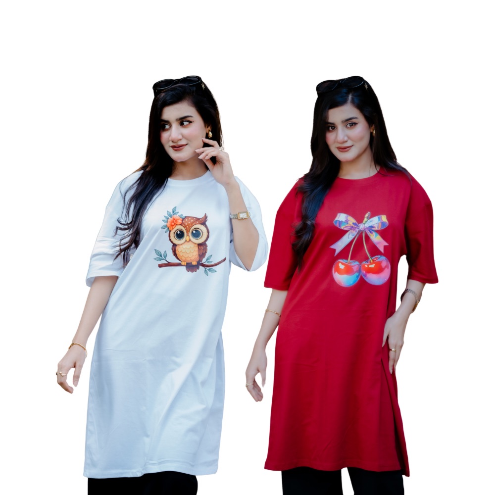 ২ পিস লেডিস লং টি-শার্ট কম্বো ৭৫০ টাকা (OWL white / Cheery Merun)